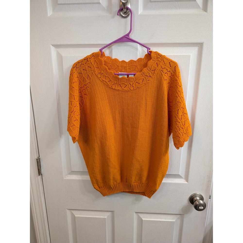 Haband Knit Sweater Vtg‎ Women Orange Scalloped Pointelle Short Sleeve - Size L